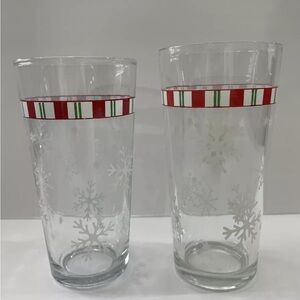Set Of 2 Vintage Drinking Christmas Glasses Tumblers Holiday Stripe Snowflakes